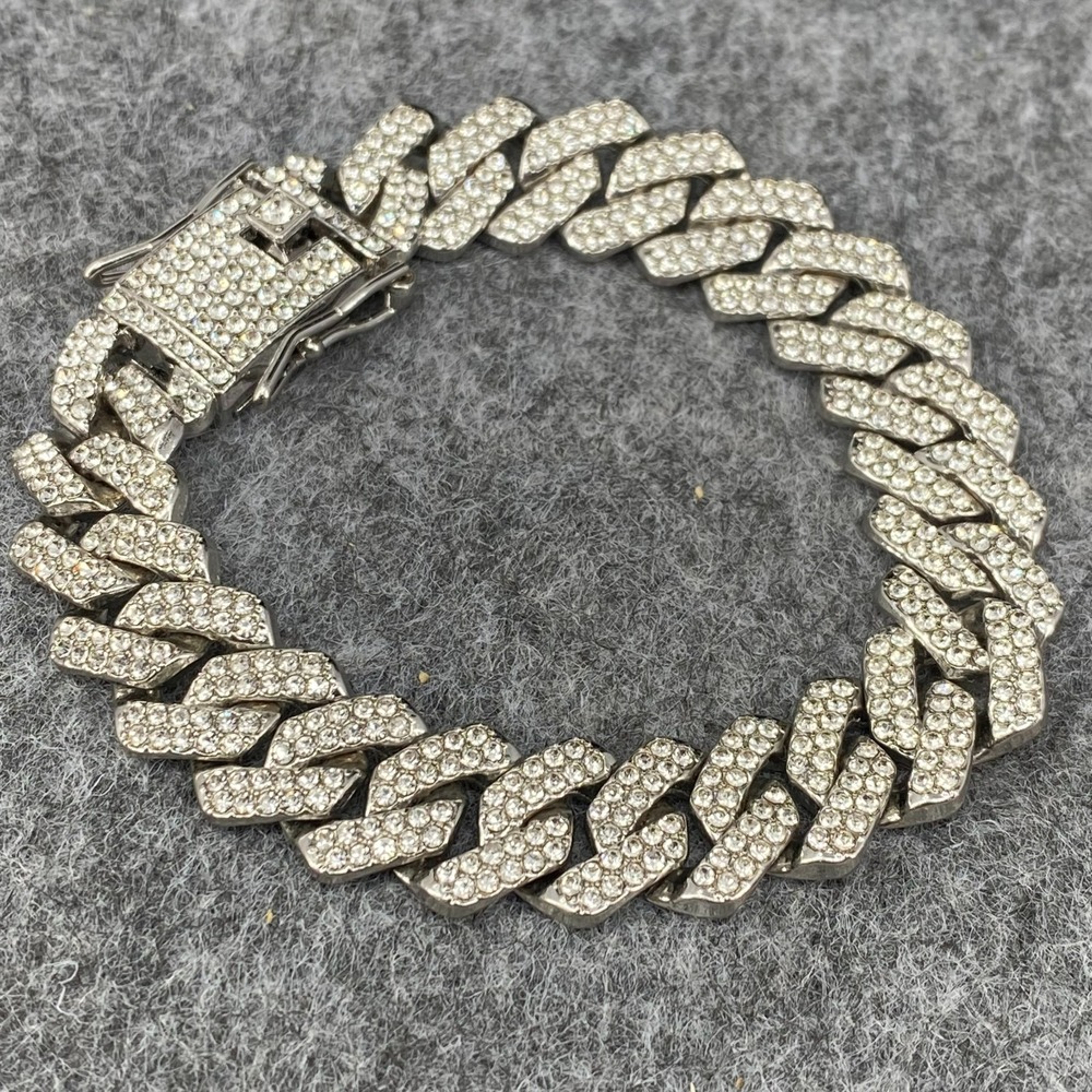 Mens Cuban Link Hip Hop Bracelet Iced Bling Out Heavy Silver Tone 8in